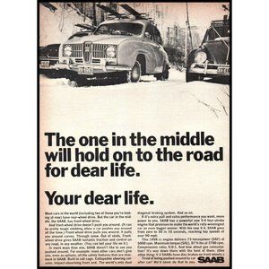 1967 Saab V-4 Engine VW Beetle Vintage Print Ad Winter Snow Front Wheel Wall Art